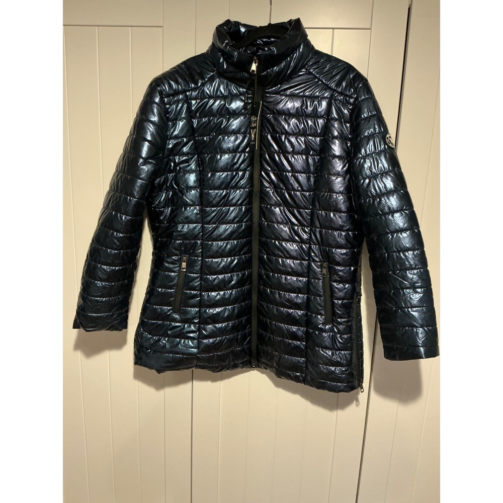 White Mark Womens Puffer Jacket‎ Metallic Blue Shiny Quilted Full Zip Size 2XL